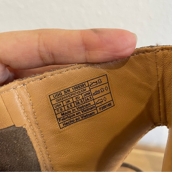 UGG Bootie Valencia Chestnut Brown Suede Leather Peep Toe Stacked Heel Size 7.5 - Picture 3 of 13